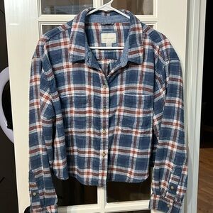AMERICAN EAGLE Blue Plaid Copped Flannel Button Down Shirt Size XL